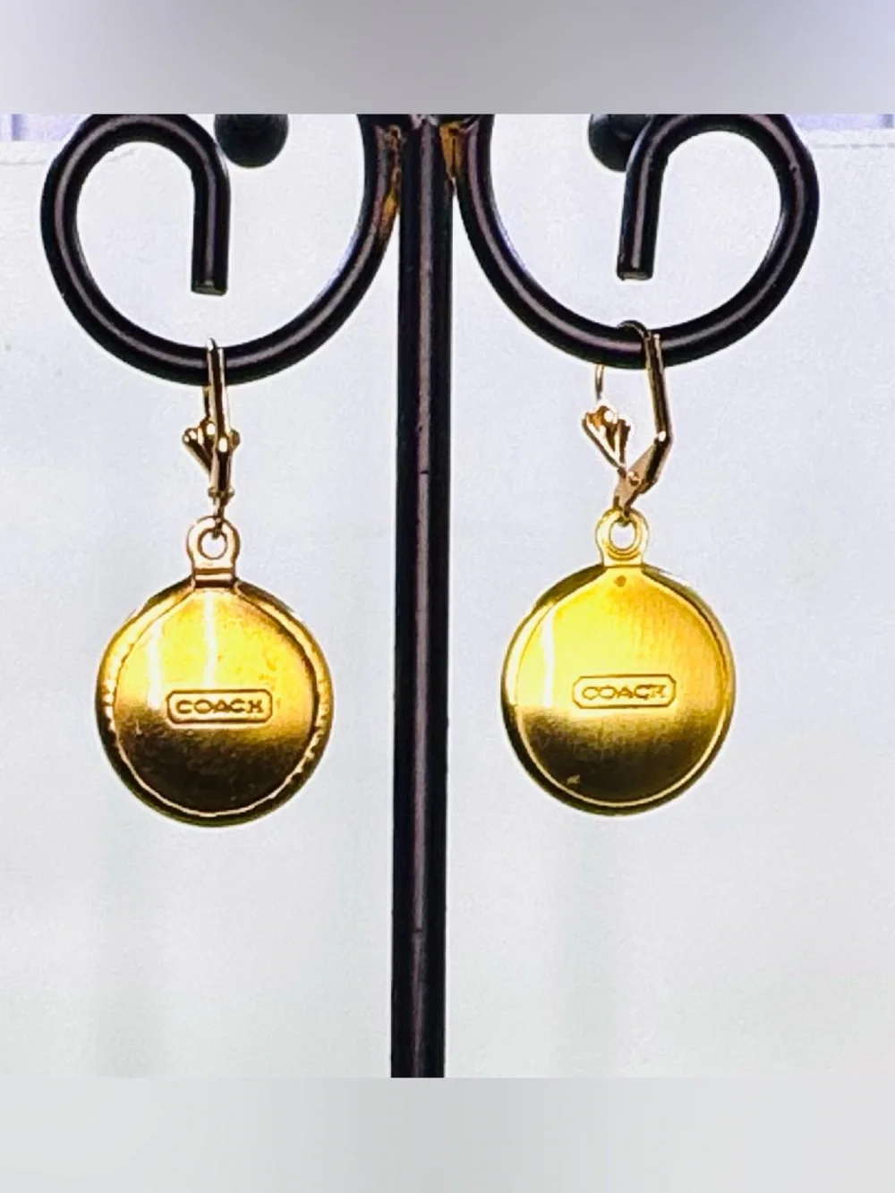 Coach Vintage Gold-Tone Round Medallion Logo Charm Drop Dangle Earrings - Picture 2 of 2